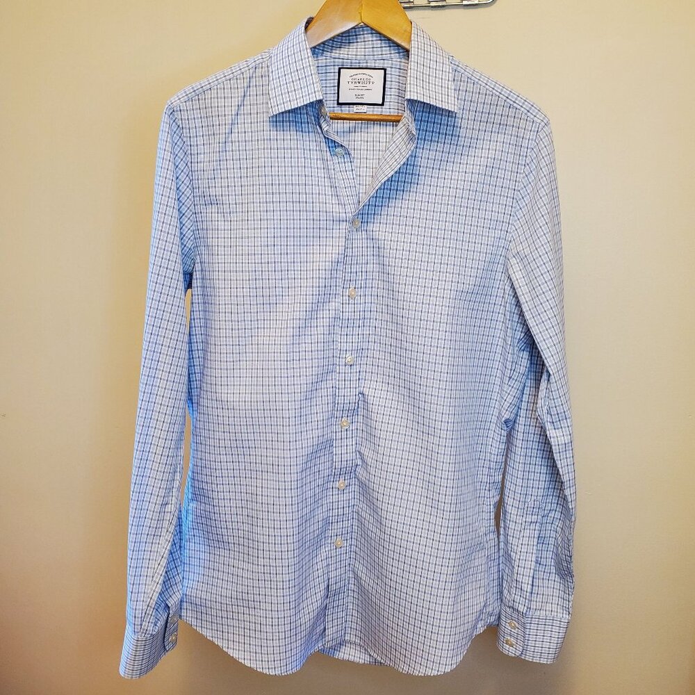 Charles Tyrwhitt Blue White Gingham Check Slim Fit Non-Iron Button Down 15½/37in